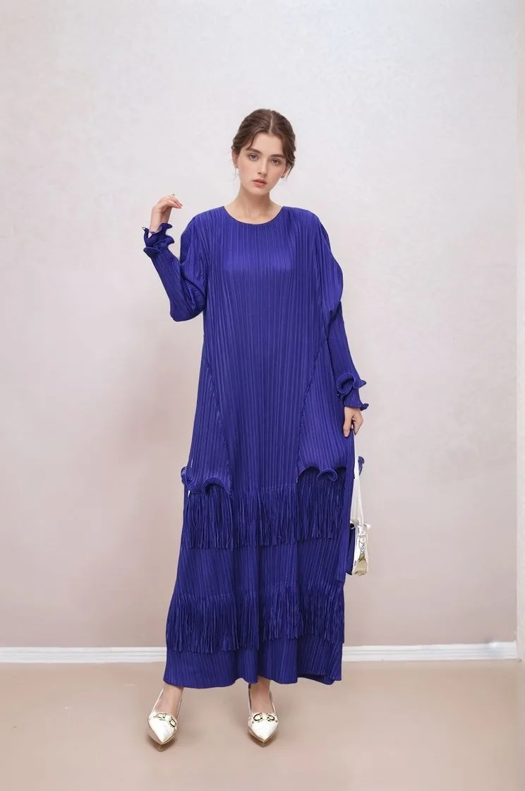 Vestido plissado de designer para mulheres, vestido de manga comprida em camadas com acabamento em renda e franjas, moda boêmia, vestido de noite plissado