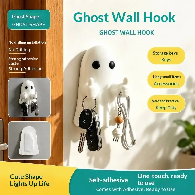 Cute Ghost Wall Hook No Drill Self‑adhesive Hook Halloween Cartoon Wall Decor Waterproof Adhesive Hanger For Bathroom Kitchen