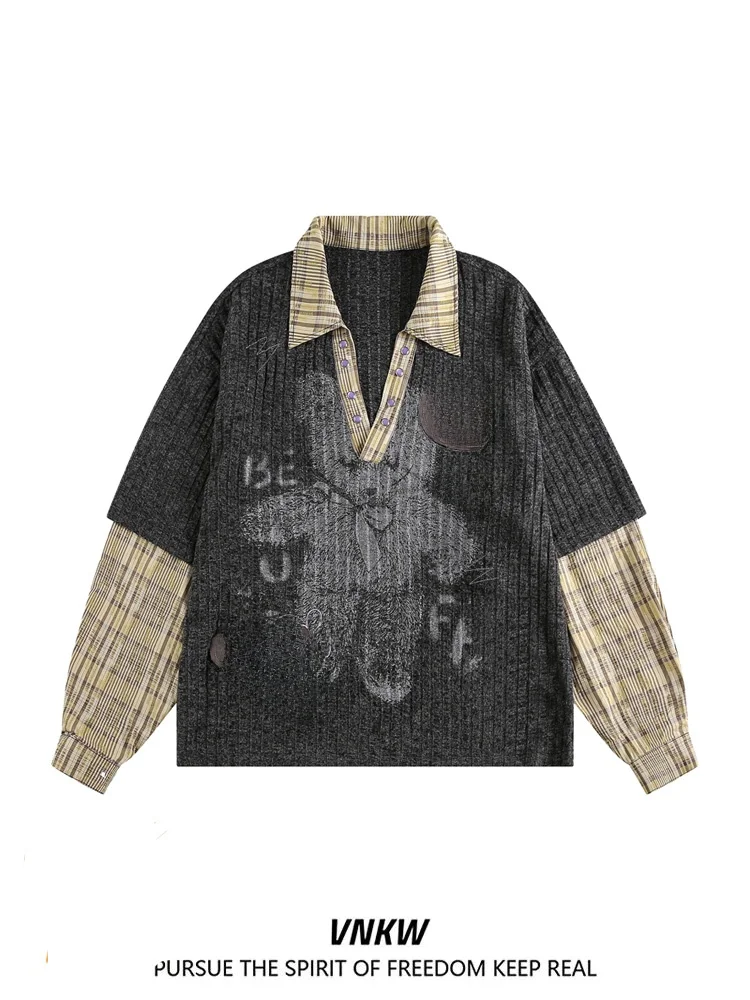 

Футболка в стиле американского ретро с принтом медведя, расписанным спреем, свободного кроя, повседневная, для мужчин и женщин, в стиле «ленивый шик», для пар, с V-образным вырезом, длинным рукавом