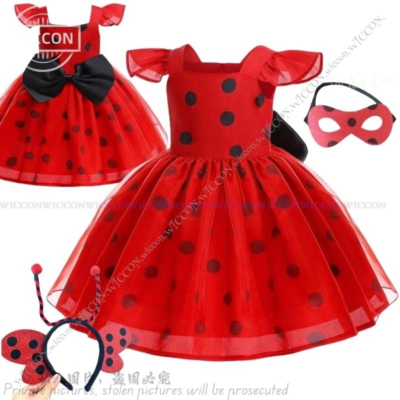 Polka Dot Dress Princess Dress Girls Polka Dot Halloween Costume Dress Headwear Mask Disguise Fancy Kids Children 80-130CM Suit