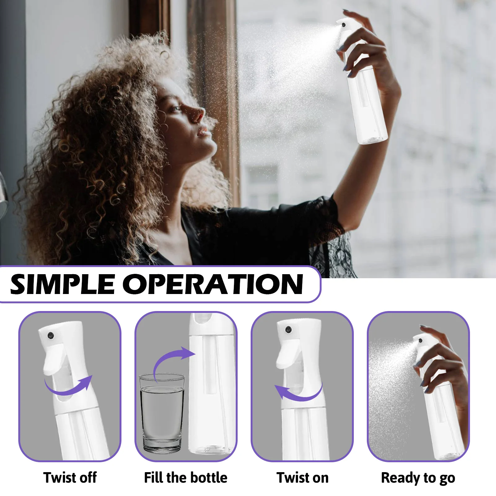 GOIPLE Hair Brush and Comb Set, Detangling and Styling Brush with Edge Brush Wide Tooth Comb and Spray Bottle, Purple