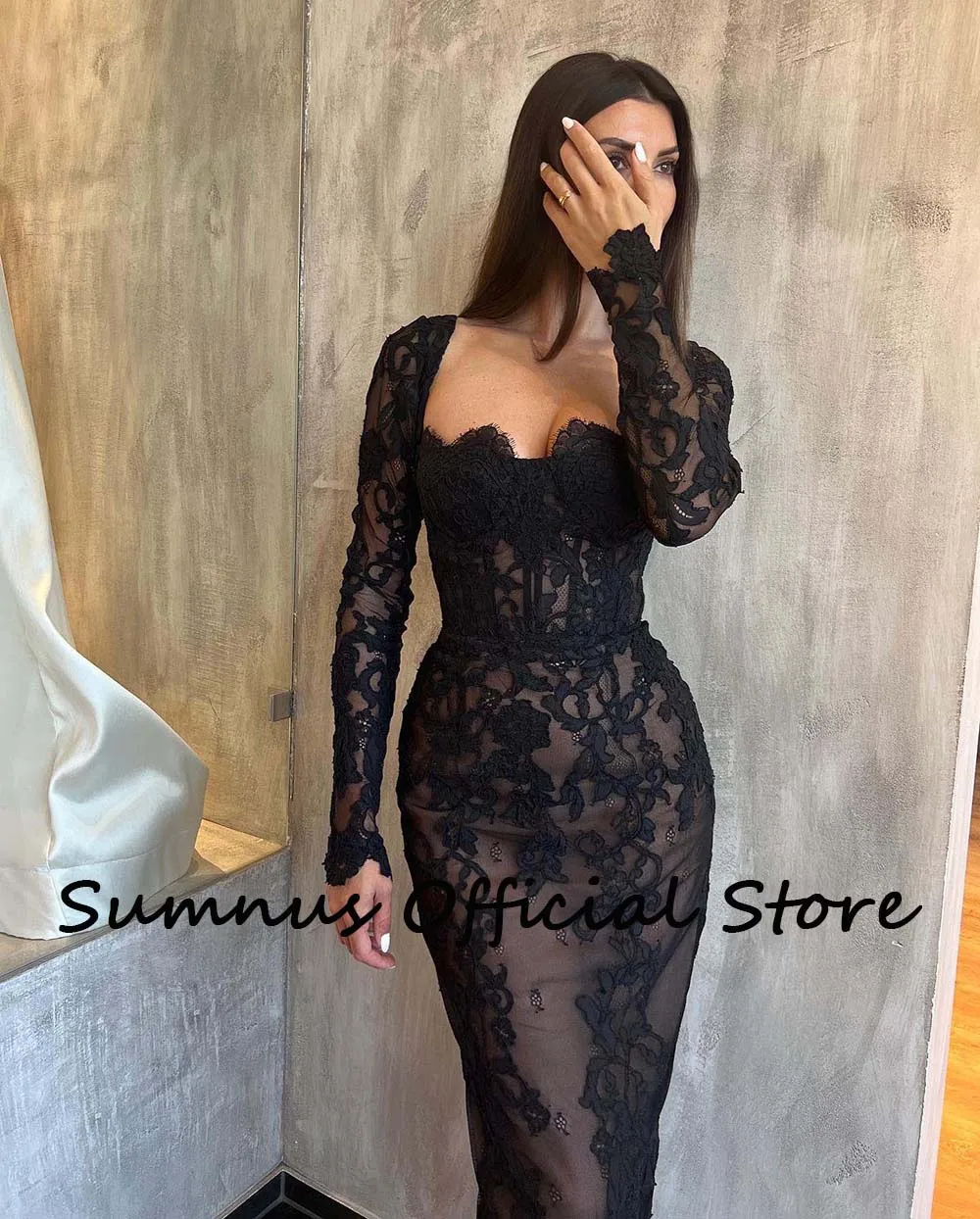 Zwart Kant Zeemeermin Avondjurk Lange Mouw Corset Strapless Galajurken Enkellange Avondjurk Robe de Soiree Aangepast