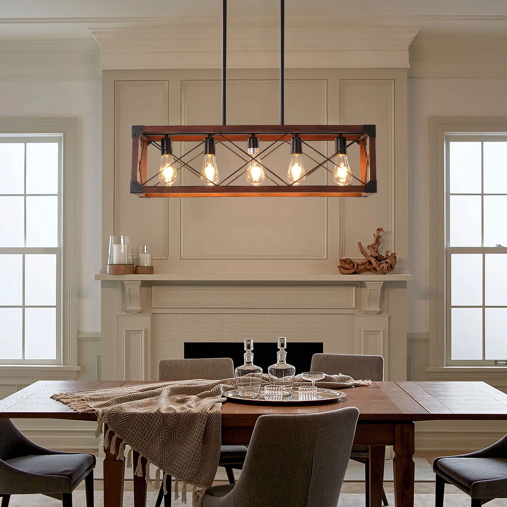 

31“Industrial Farmhouse Rectangle Pendant Light - Wood & Iron Metal Frame, 5-Light E26 Bulb Chandelier for Dining Room, Kitchen