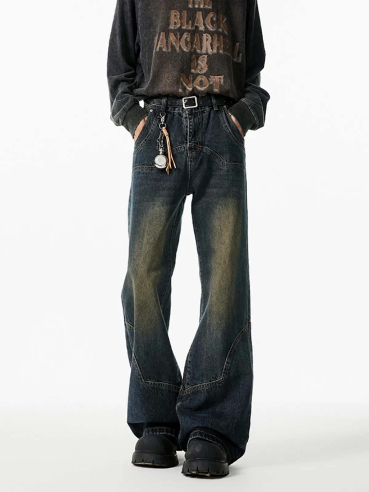 

Waed Blue Men's Jeans Autumn Winter High Street Micro Flare Vibe Knife Pants Distred Classic Straight Leg Trousers