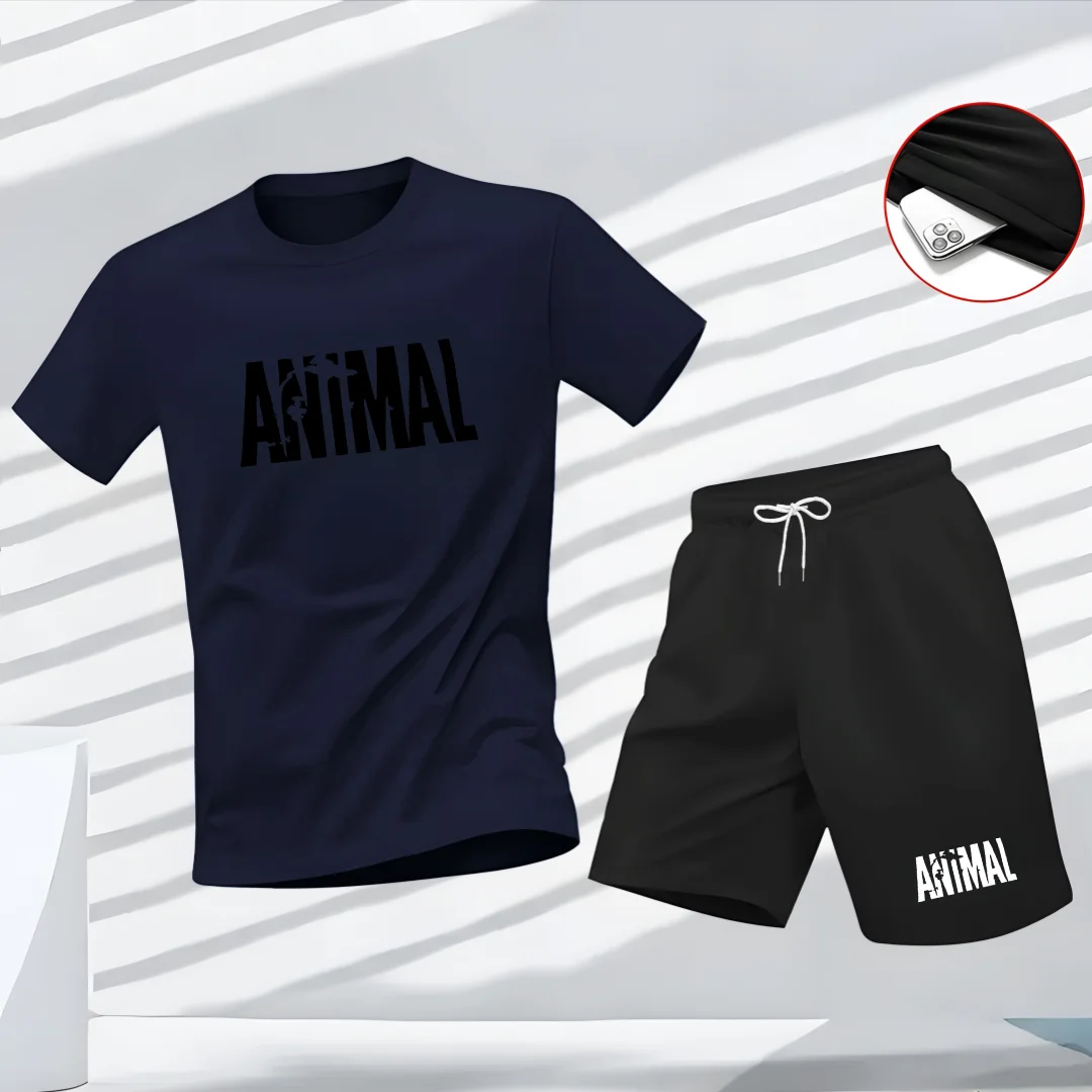 

New summer 3D fitness sportswear for men, short-sleeved T-shirt and shorts two-piece set breathable and quick-drying casual wear