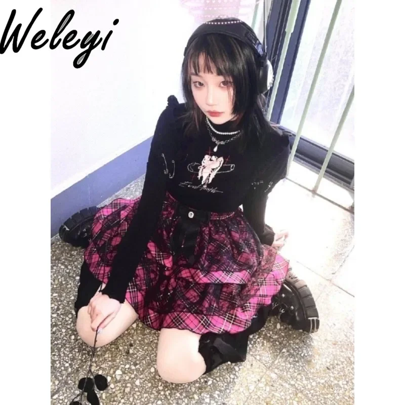 Y2k Korean Style Cake Skirt Kawaii Harajuku Yabi Style Culture Plaid Cool Earth Hot Girl Lace Punk Half Length Puffy Short Skirt arch enemy earth lp