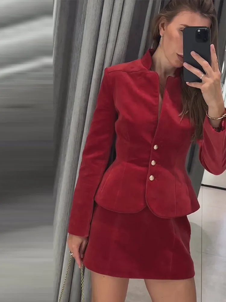 Elegant Velvet Women's Coat Skirts Suit Metal Button Hip Package Mini Skirt Lady Set 2026 Autumn Fashion Female Outfits New