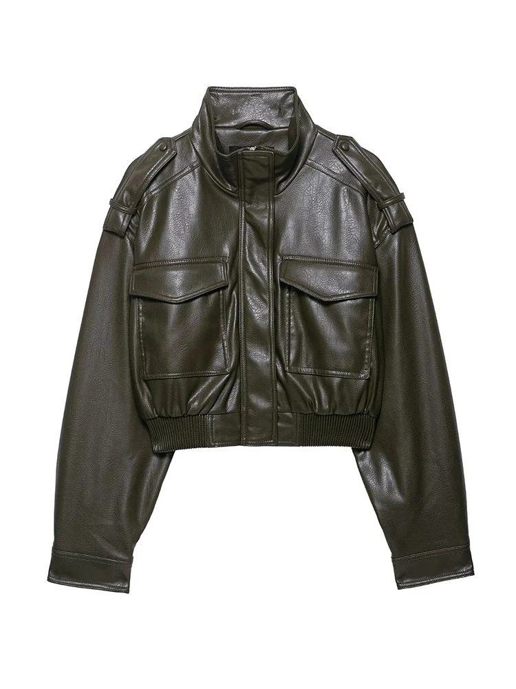 Chaqueta ajustada de piel sintética para mujer, chaquetas recortadas con cremallera de PU, abrigo Bomber informal con bolsillo para primavera y otoño, ropa de calle para discoteca para mujer