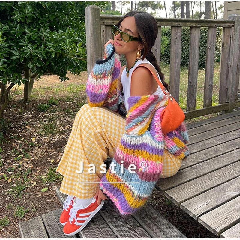 

2026 Кардиган в радужную полоску с длинными рукавами, винтажный тяжелый вязаный крючком кардиган, свитер, пальто