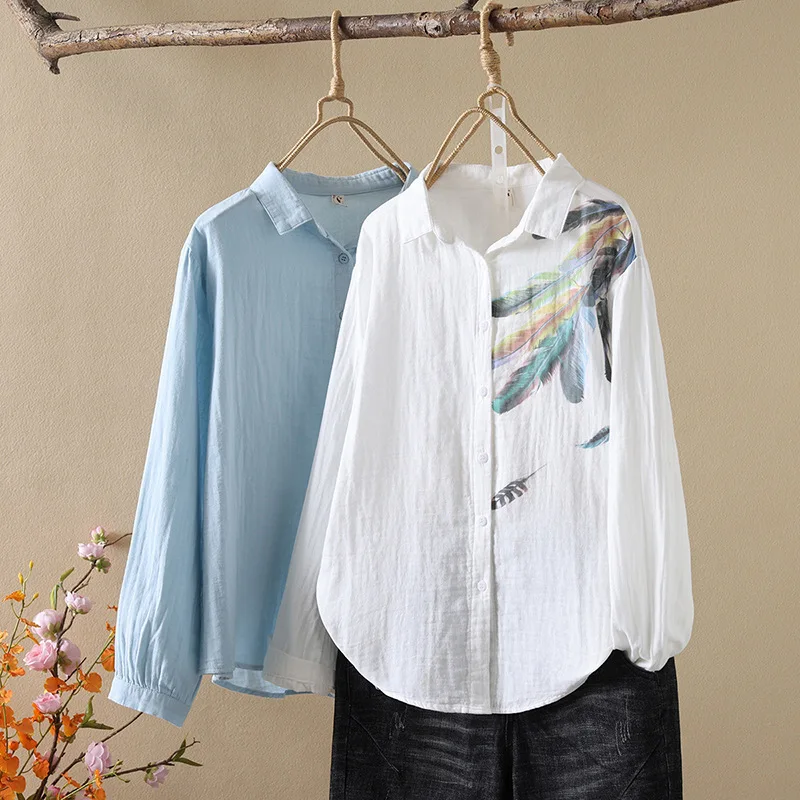 Mori kei fashion long sleeve lapel white blue embroider solid shirts and blouses for women autumn Japan style cotton shirt