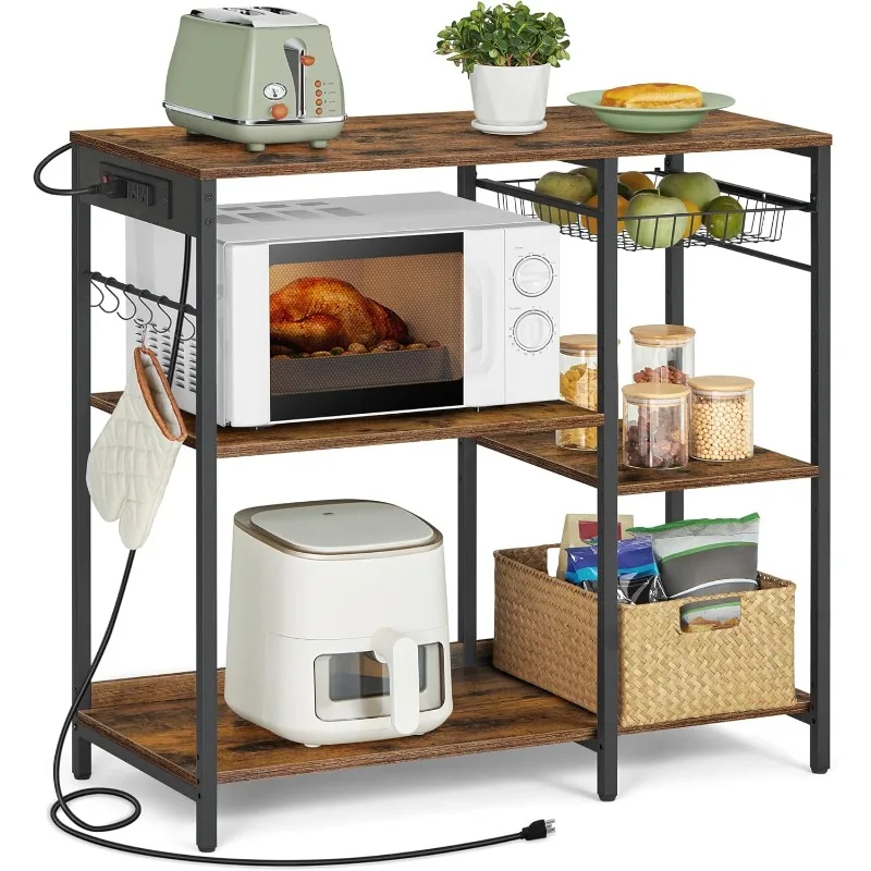 

Baker's Rack, Coffee Bar Stand with Charging Station, Storage Shelves, Pull-Out Wire Basket, Table for Microwave, Kitchen,