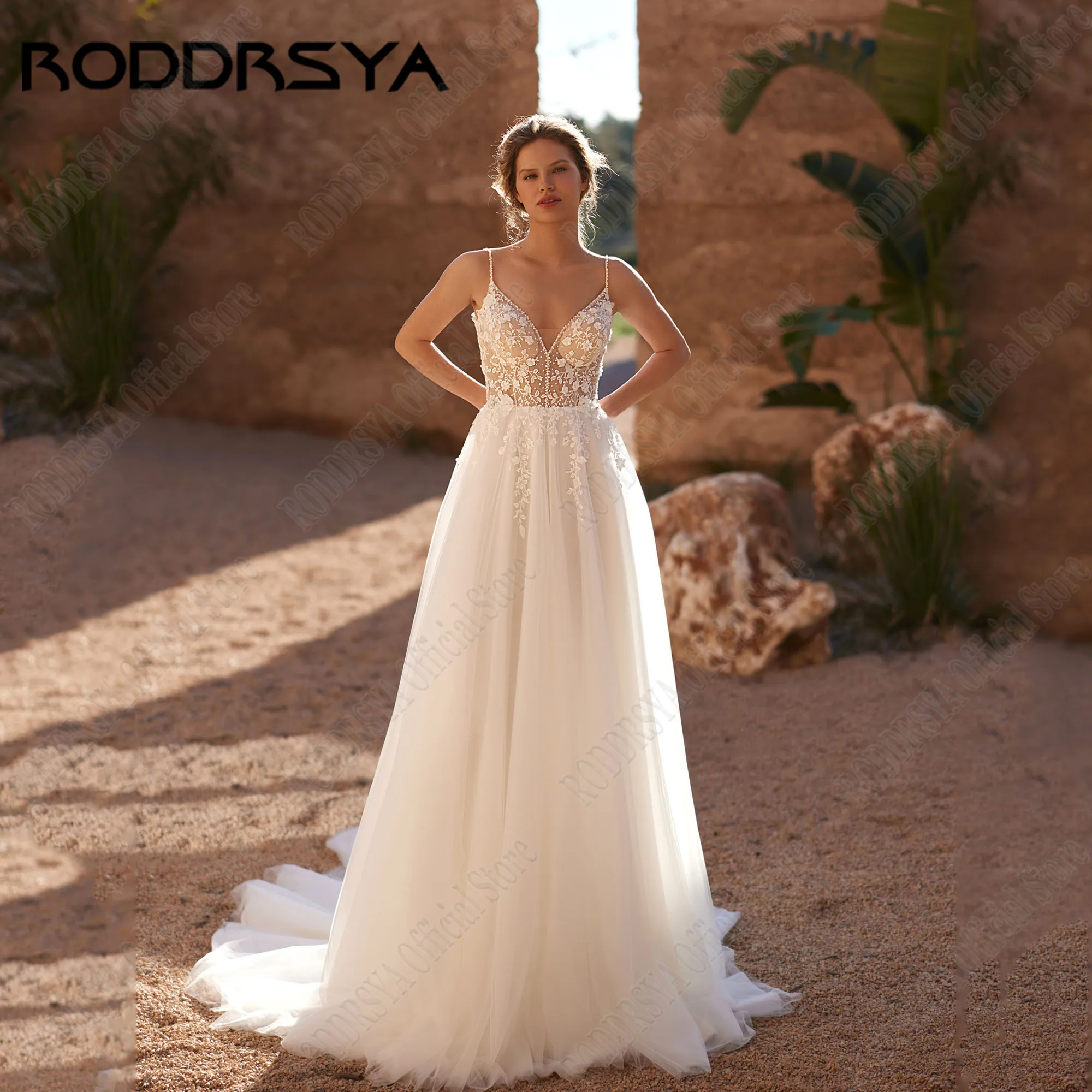 

RODDRSYA Spaghetti Straps Beading Wedding Dresses 2404 Bride Backless Lace Applique Bride Gowns V-Neck A-Line Vestidos De Novia