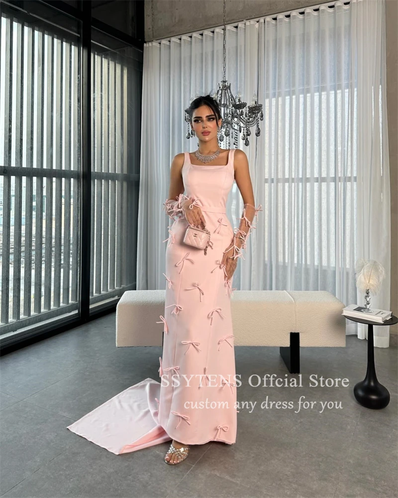 SSYTENS Pink Spaghetti Strap Evening Dresses Square Neck Prom Dress Bows Floor Length Saudi Arabic Formal Party Gowns For Women