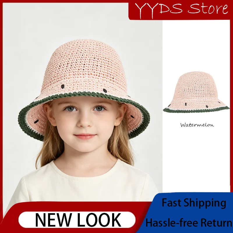 子供用麦わら帽子-春-ウォーターメロンレース装飾-ワイドブリムサンハット-子供用ビーチ屋外uv保護通気性キャップ