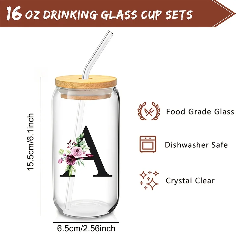 1PCS 24 Letter Glass Drinking Tumbler 470ML with Bamboo Lid And Straw Clear Custom Iced Coffee Cup Mason Jar for Beer Smoothie