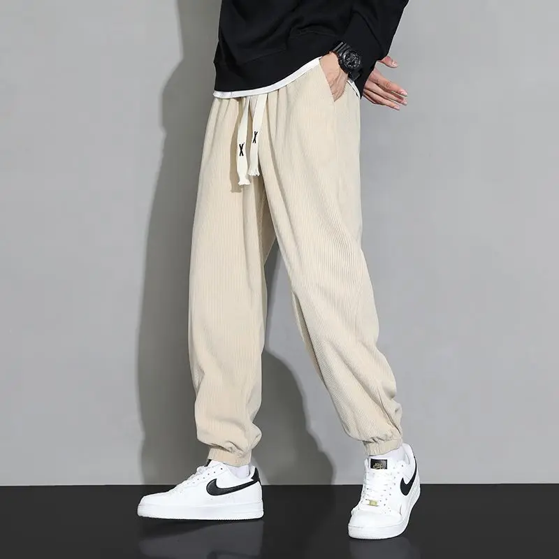 

Autumn Winter Corduroy Men Sweatpants Loose Motion Korean Chic Casual Elastic Waist Solid Color Plus Fleece All-match Trousers