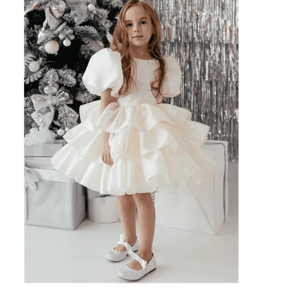 Flower Girl Dresses Beige Solid Tiered With Bow Short Sleeve For Wedding Birthday Party Holy Communion Gowns