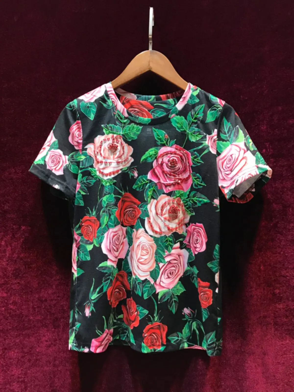 ZAMOR HIGH END Rose Print Heavy Beading Short Sleeve High-End Pattern T-Shirt Women 2026 Summer New Versatile Top