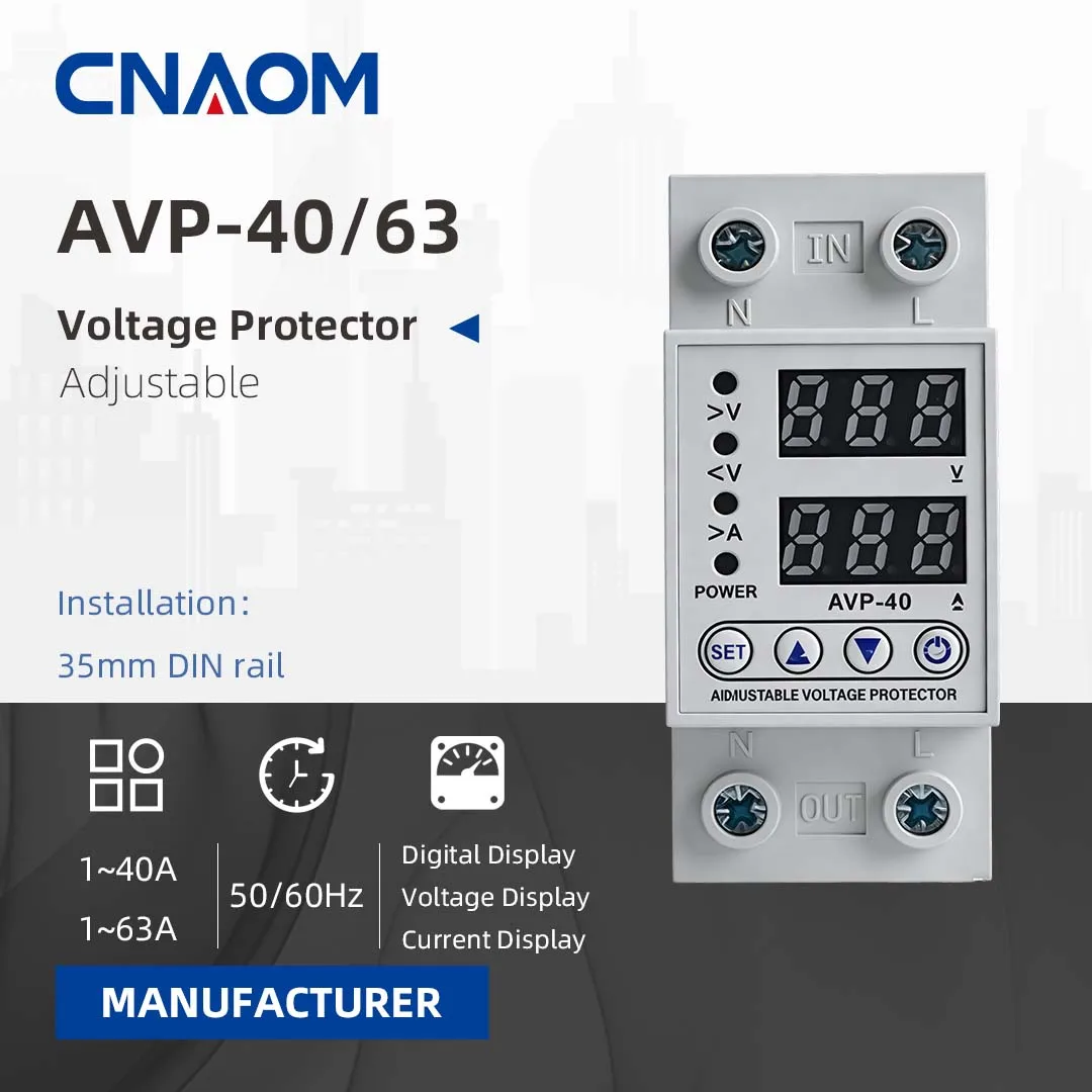 

CNAOM DIN Rail Dual Display Adjustable Over Voltage Current And Under Voltage Protective Device Protector Relay 40A 63A 220V