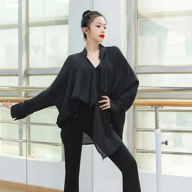 

Black Latin Dance Costume Practice Tops Female Adult Loose Slimming Shirt Long Sleeve Line Modern Dance Training Dress Clothing