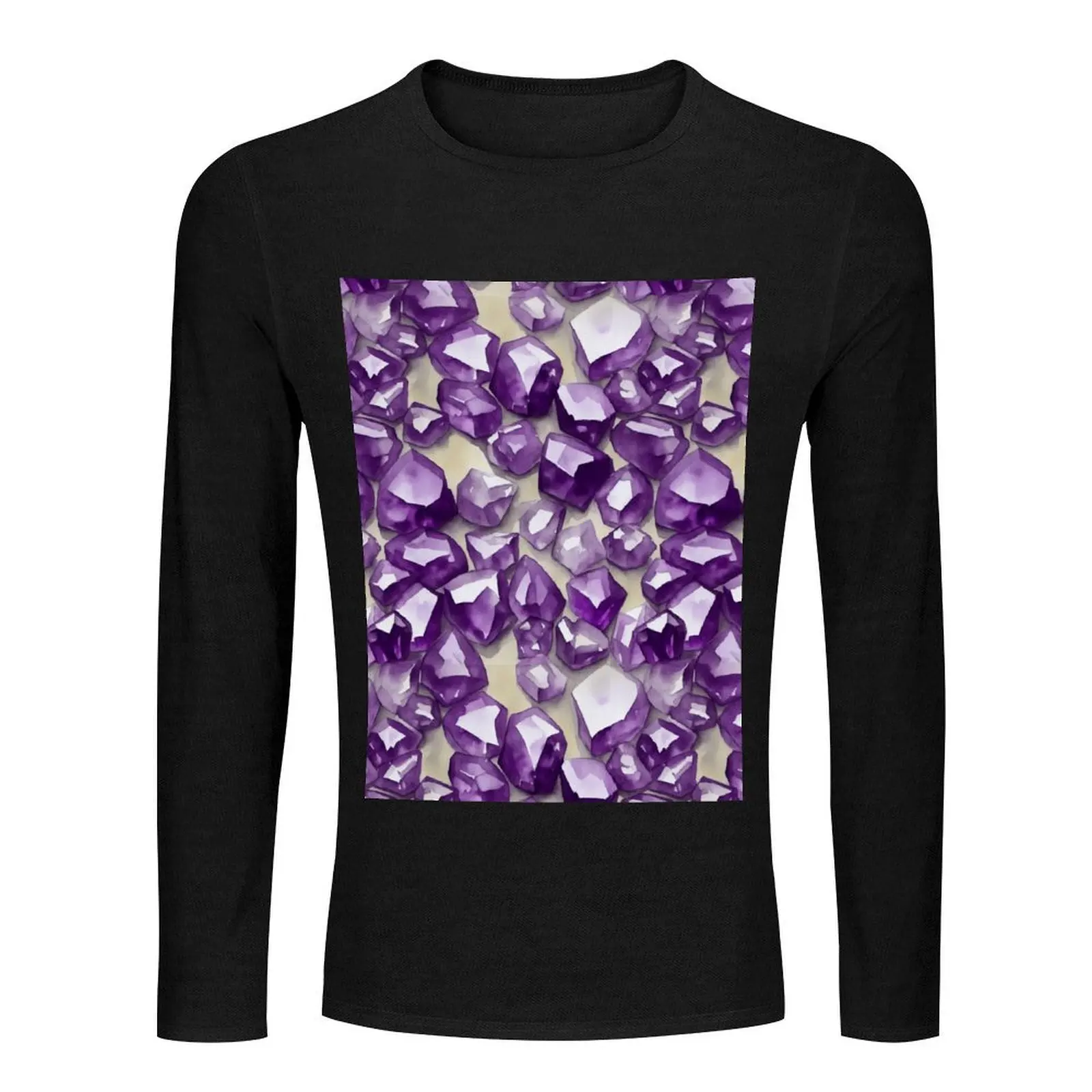 Amethyst Gemstone Seamless Pattern, Watercolor Long T-Shirt tees funny t shirts custom t shirts Men's cotton t-shirt