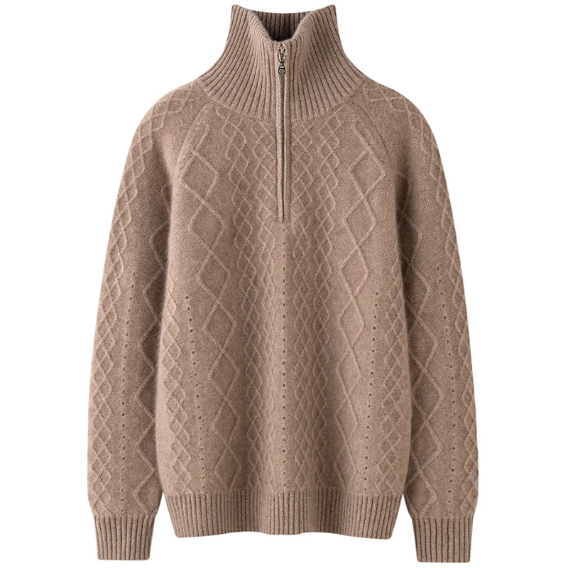 

Women's 100% Cashmere Thick Sweater Casual Solid Knitted Loose Collar Hoodie Warm Jumper Half Zipper Autumn/Winter Collection