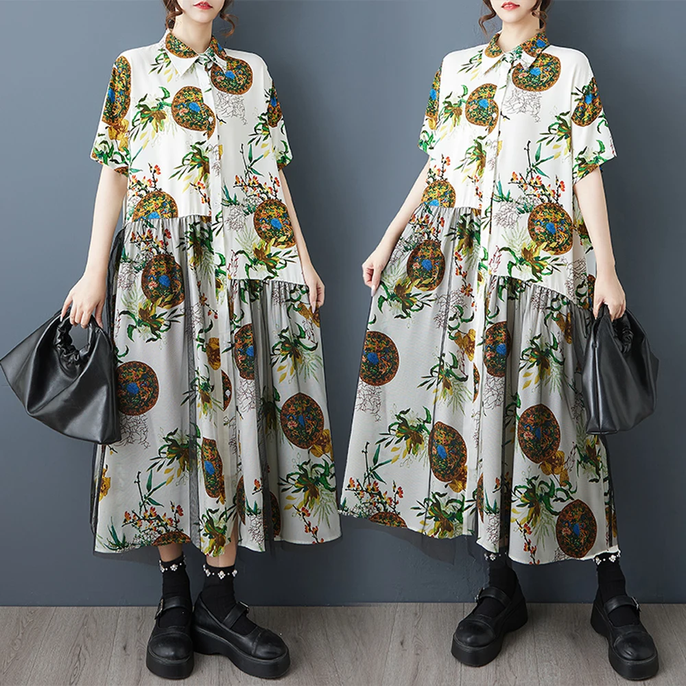 NYFS 2025 Letnia luźna sukienka damska plus size Sukienka z siateczki Sukienka z krótkim rękawem Długa sukienka z nadrukiem Odzież damska