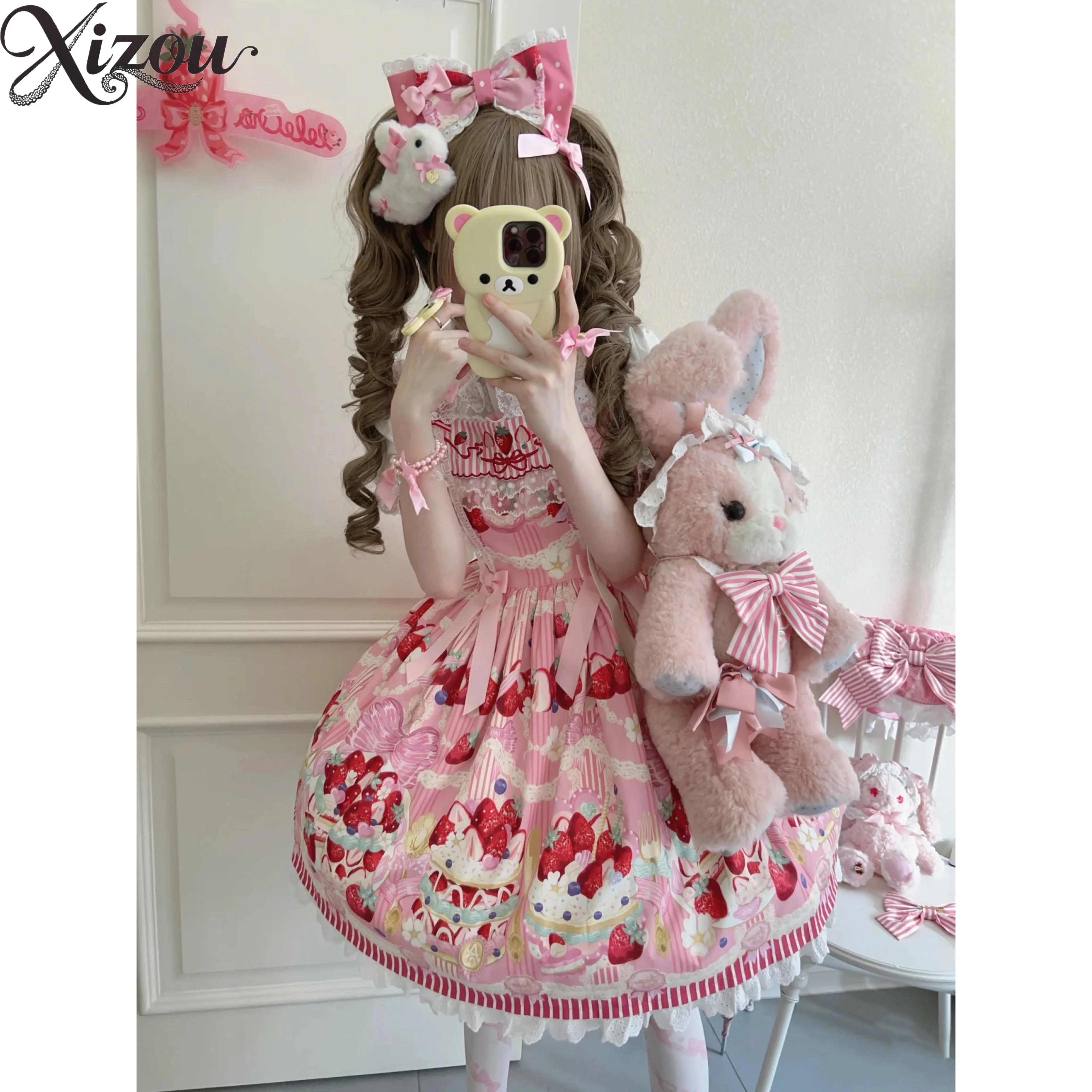 2-teiliges Set für Damen im Lolita-Stil, Sommer, niedlich, gestreift, Erdbeerrosa, JSK-Hosenträger, Prinzessin, kurzärmeliges Oberteil und Kleid-Set