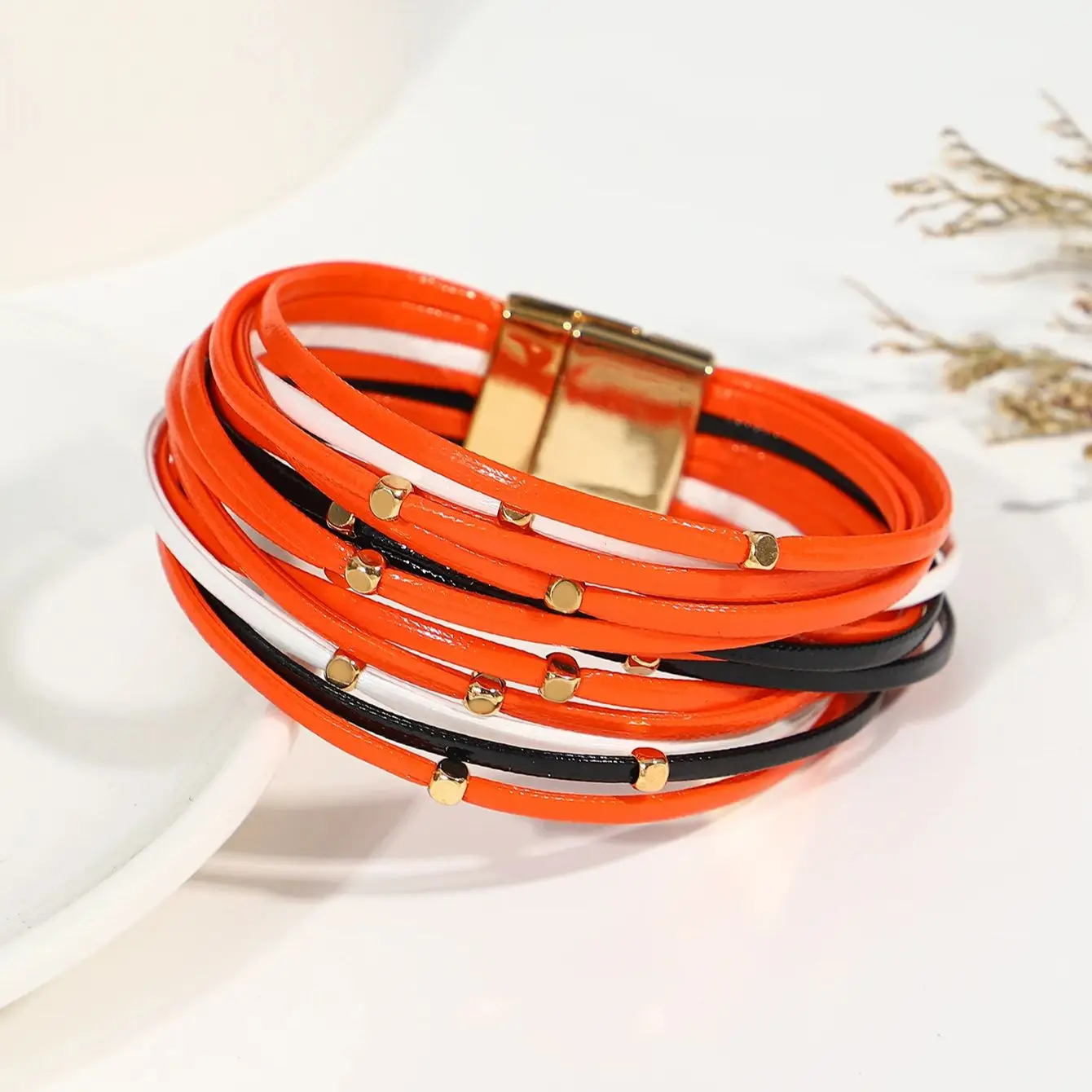 Amorcome Vintage Metal Beads Black Orange Leather Bracelet for Women Charm Slim Strips Bangles & Bracelets Female Party Jewelry