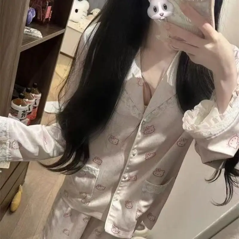 

Женский теплый плюшевый пижамный комплект с рисунком кота «Hello Kitty», зимняя домашняя одежда в стиле аниме Kawaii, милая утепленная ночная рубашка с героями мультфильмов для девочек, топы и брюки