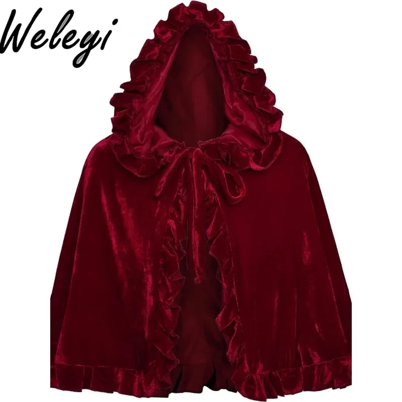 

Halloween Velvet Burgundy Cape Coat Woman 2024 Autumn Winter New Christmas Sweet Wine Red Hooded Cape Short Shawl Lolita Harness