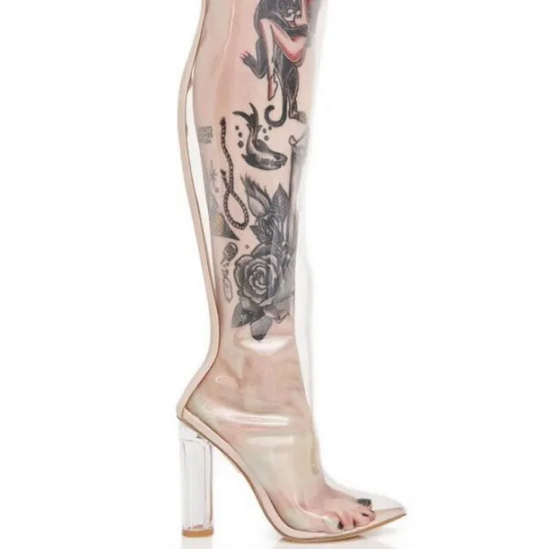 

FHC 11cm Crystal Heel Women Thigh High Boots,Over The Knee Long Botas,Sexy Transparent Shoes Pointed Toe,Back Zip,34-48,Dropship