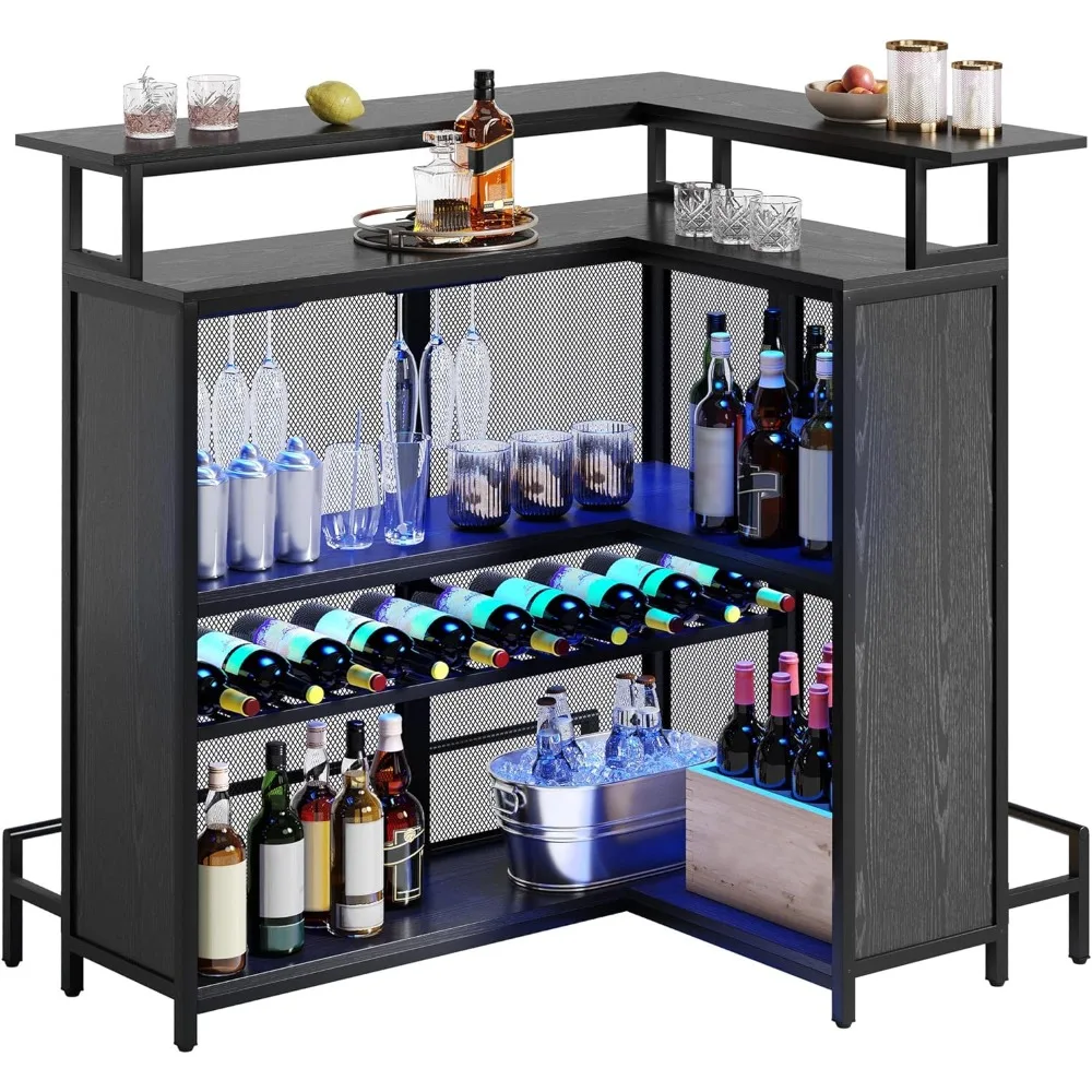 L-shaped Mini Home Bar Counter with Music-sensing LED Lights, Wine Rack, Glass Rack, and Footstool