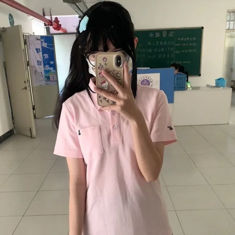 ديبتاون الأساسية المطرزة تي شيرت المرأة قصيرة الأكمام بولو طوق النمط الياباني JK تيز سليم Preppy بلون الصيف الشباب #4