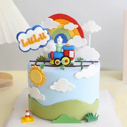 Cartoon Railway Train Cake Decoration Steam Locomotive Ornaments for Boy Baby Shower 1st Birthday Cake Topper  Rainbow Clouds