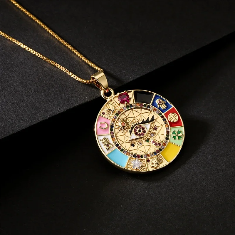 

Bohemian Gold Evil Eye Necklace for Drop Oil Zircon Lucky Disc Necklaces Copper Gold Color Round Mystic Jewelry Gifts