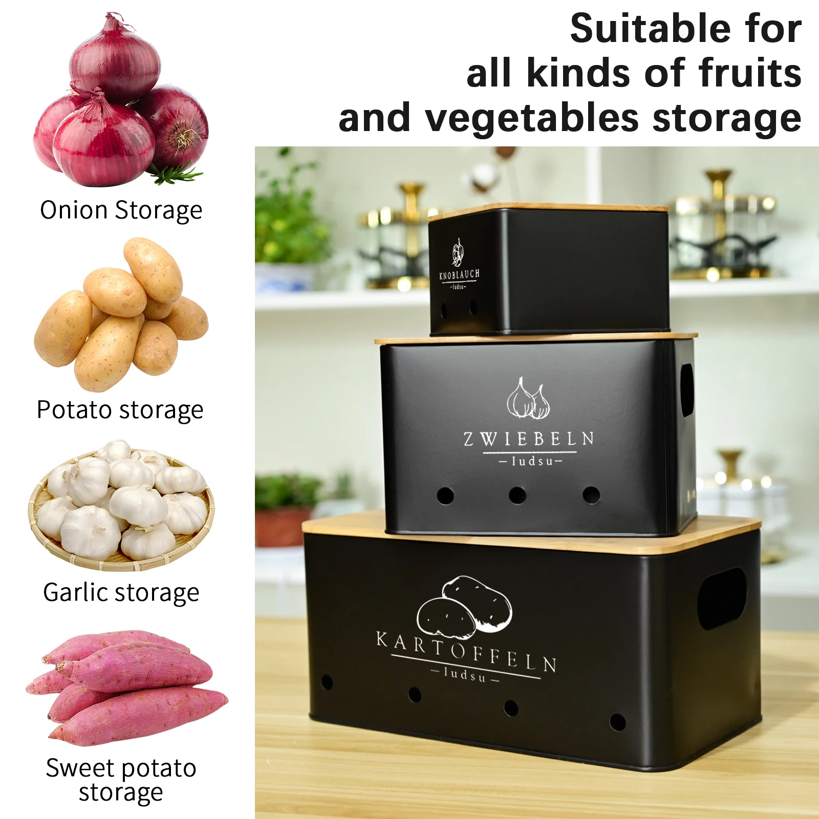 SAEIV Hochwertiges 3-Stück Metallische Kartoffelbox Set mit Natürlichem Bambusdeckel – Stapelbare Aufbewahrungsboxen für Kartoffeln, Zwiebeln & Knoblauch (mit Lüftungslöchern) – Arbeitsfläche oder Vorratsschrank – Detail 6