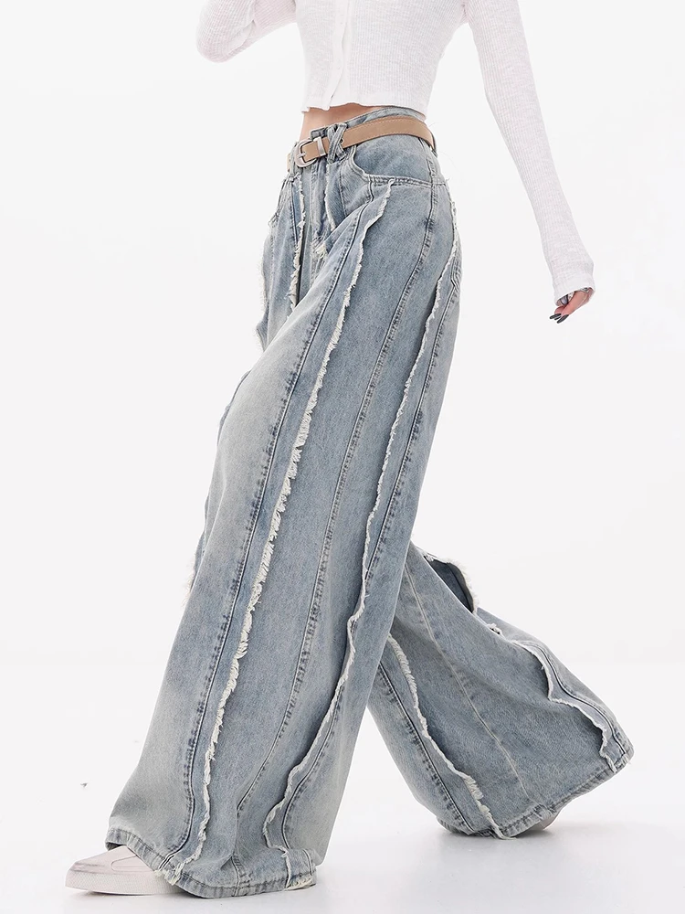 Vintage Ripped Jeans Women High Waist Wide Leg Tassel Denim Pants Couple Baggy Pants Fashion Denim Pants Loose Casual Trousers