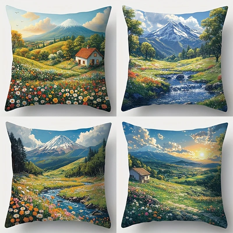 1PC 2D Flat Vintage Countryside Landscape Throw Pillow Covers Snow Mountain Floral Cottage Home Decor Cushion Cases