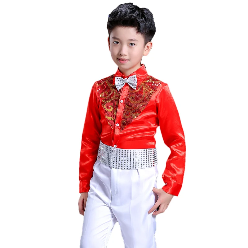 Jungen Hip Hop Kostüm Pailletten Shirts Weiße Hosen Anzug Jazz Kostüme Kinder Bühne Tanzen Outfit Kinder Street Show Tragen
