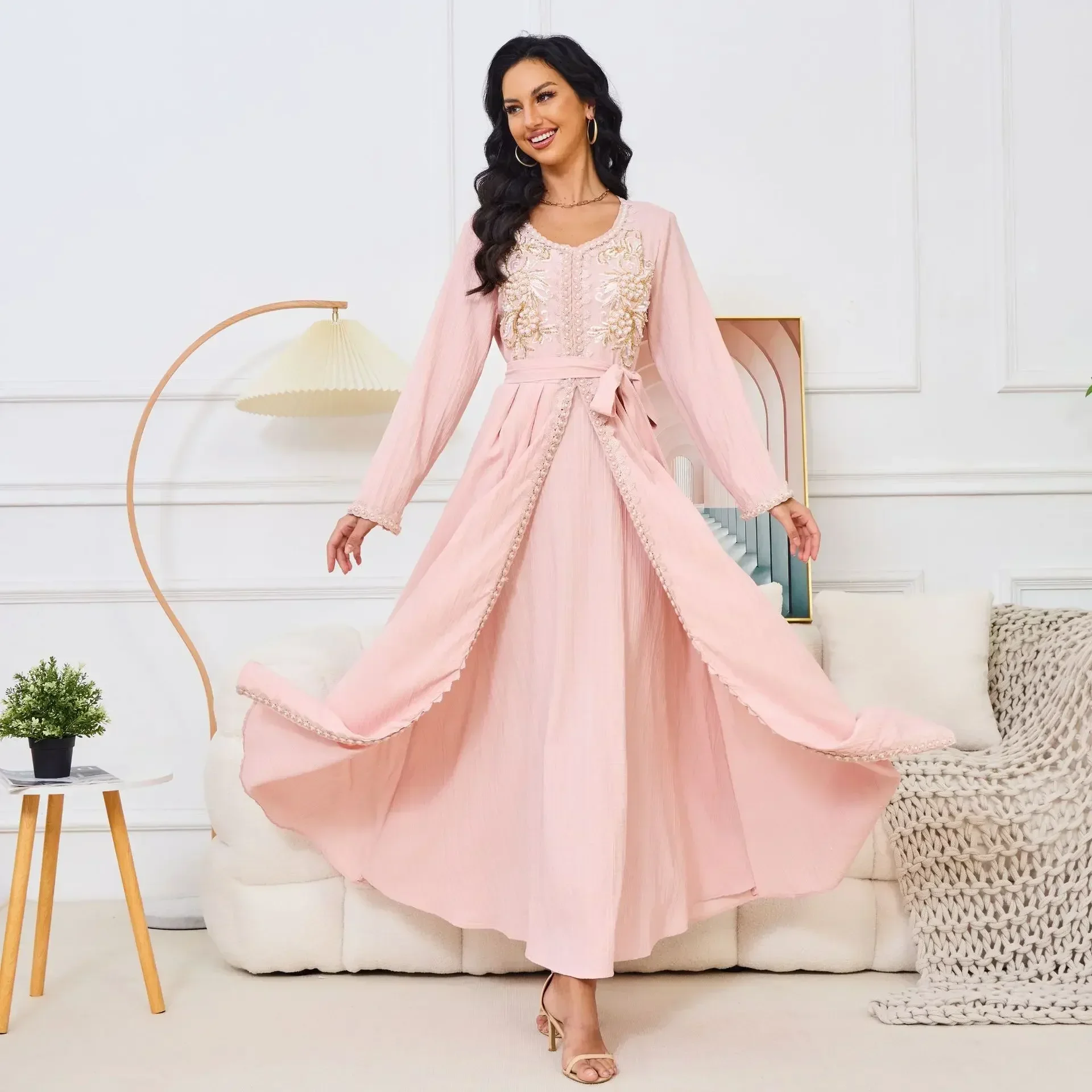 

Beaded O-neck Women Dress Women Casual Loose Lace-up Abaya Fashion Muslim Dress Solid Kaftan Robe Femme Vintage Maxi Vestidos