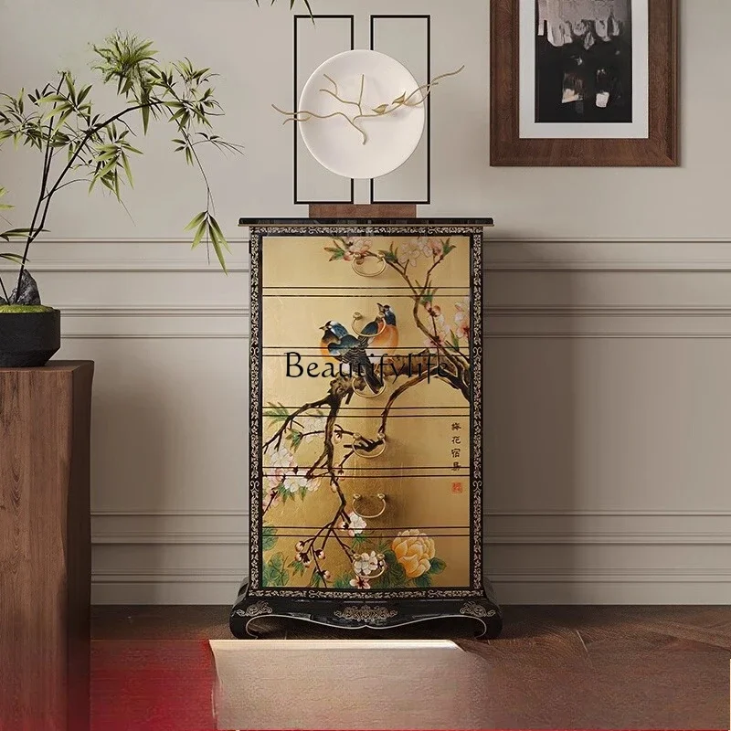 02**New Chinese painted bedside storage chest of drawers French retro solid wood hand painted locker