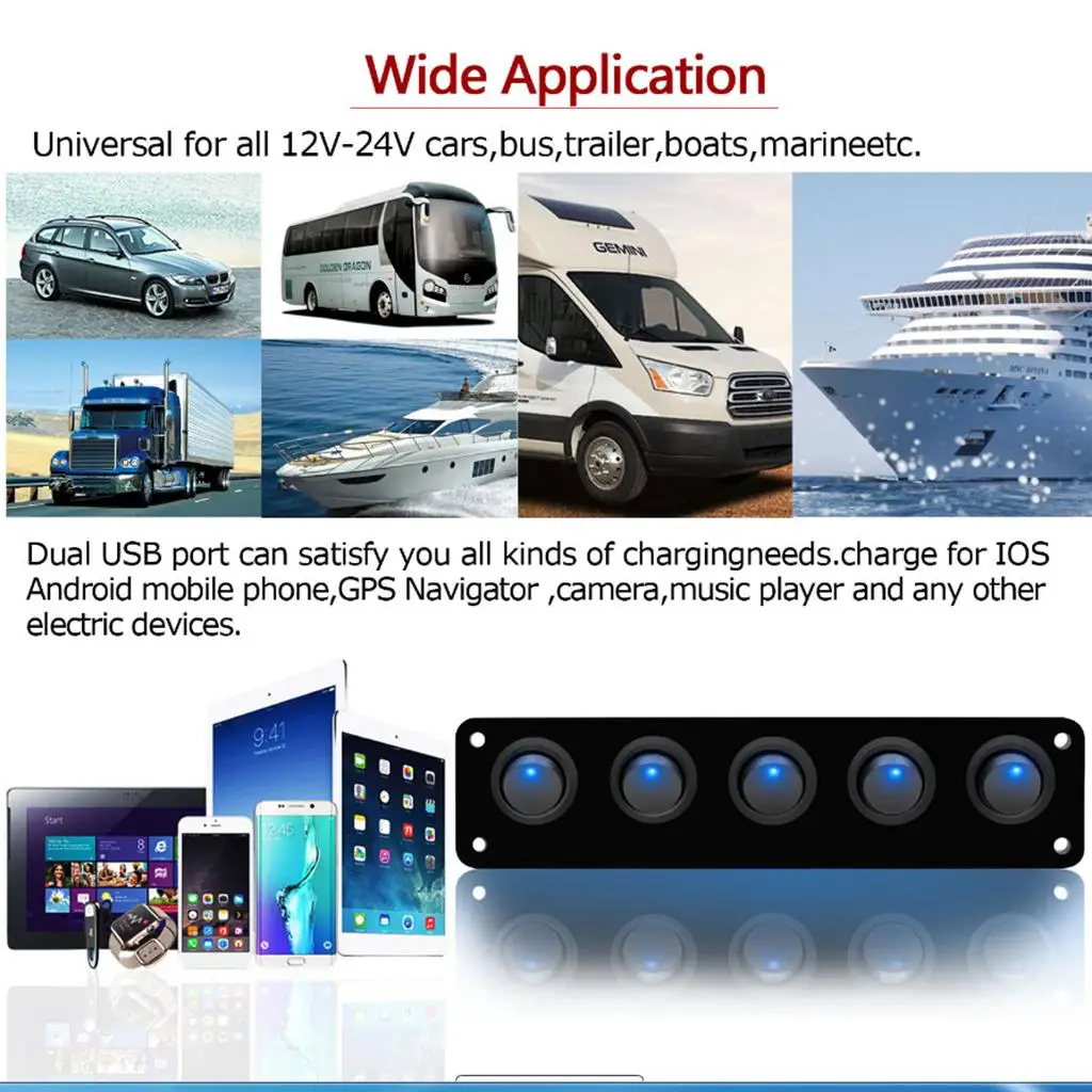 

Алюминиевая светодиодная панель постоянного тока 12 24 В с 5 тумблерами для автомобильной лодки ATV RV