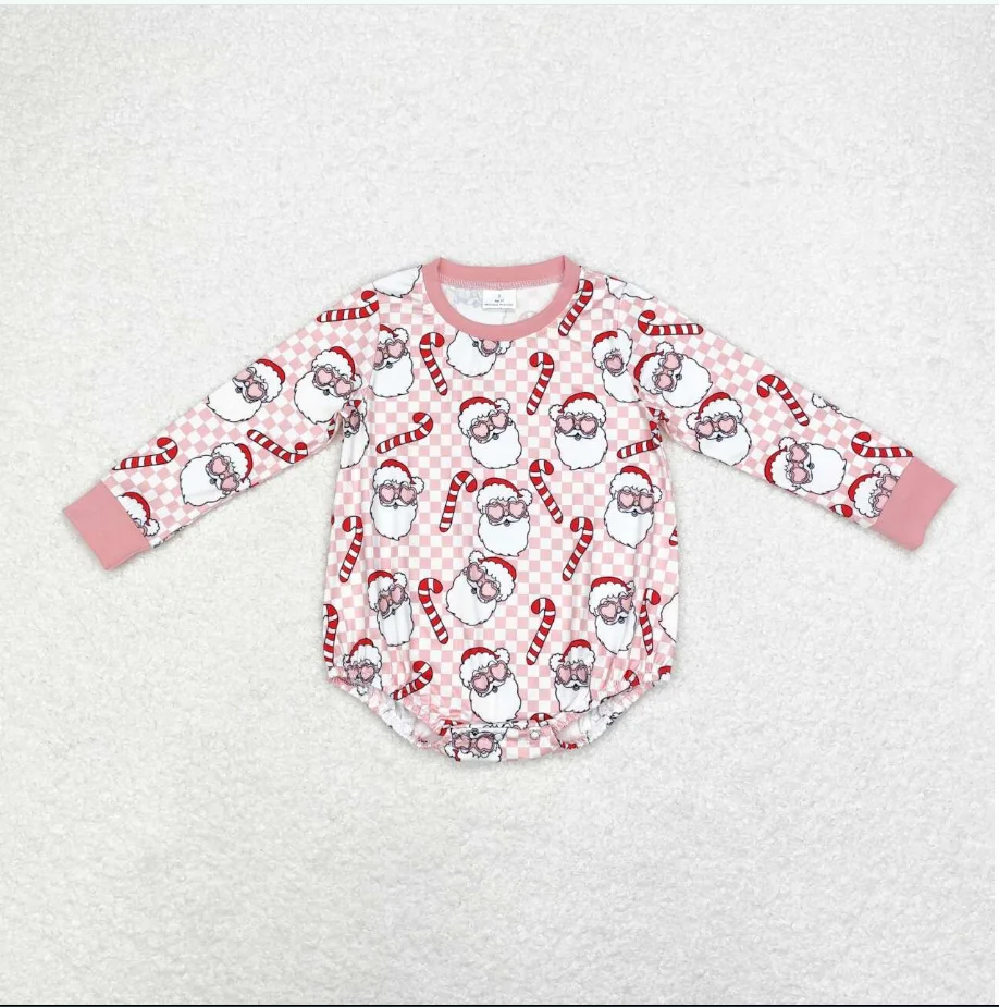 

Pink Girls Onesies LR1511 Santa Pink Plaid Print Baby Girls Christmas Romper