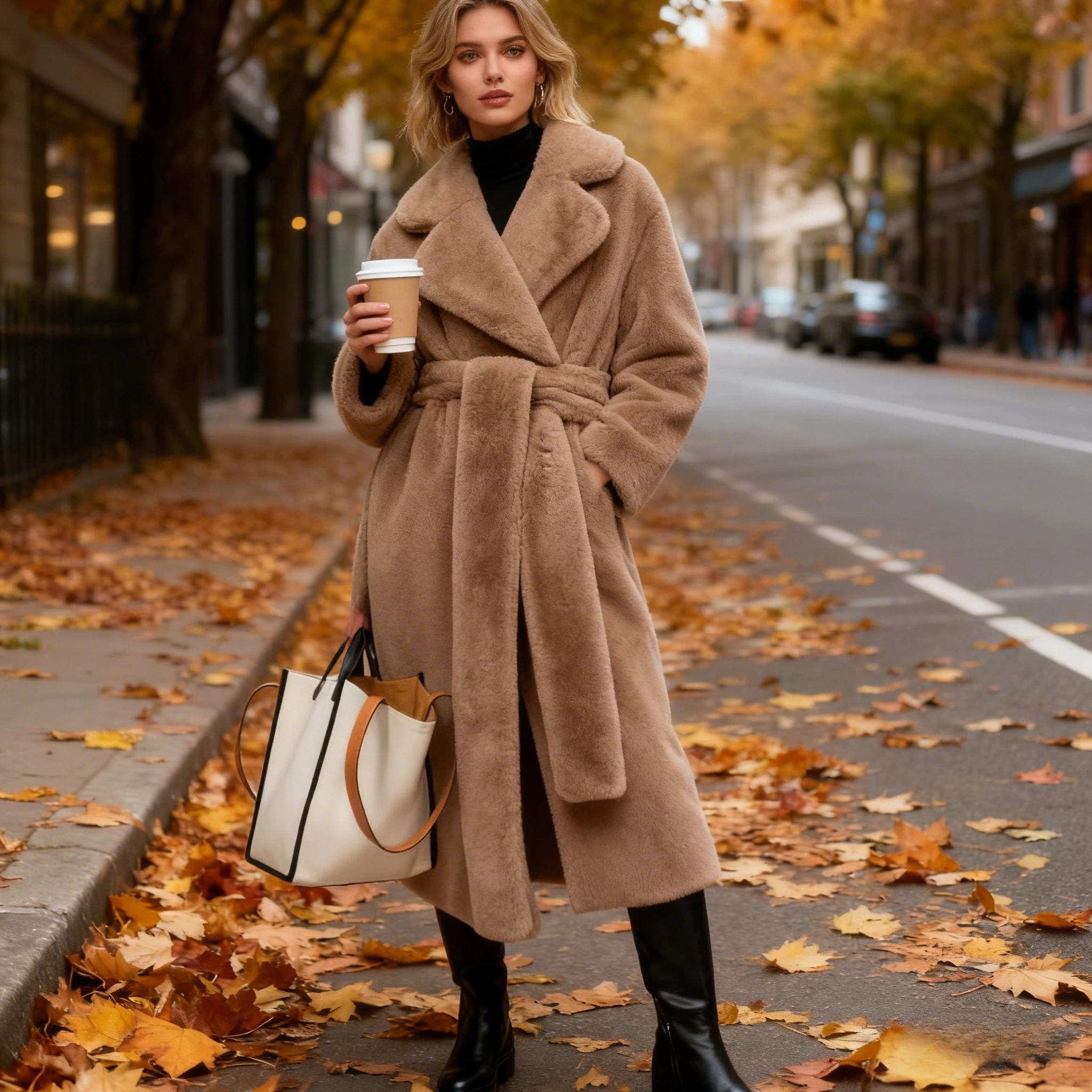 フェイクファーマキシジャケット レディース 厚ベルト付き 秋冬コート ロング丈 暖かい Y2K ラグジュアリーベルトファー ブラックパーカー ボンタージュ ファーリーアウターウェア