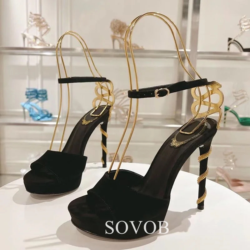 Sheep Suede Exposed Toe Ankle Strap High Heels Women's Thick Soled Crystal Fashion Sandals Summer Party Banquet Wedding Shoes