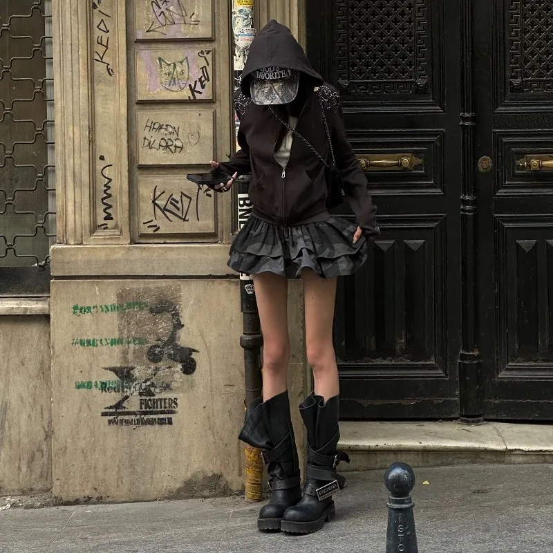 ديبتاون الأسود الجمالية حجر الراين المرأة هوديس الشرير Harajuku خمر سحاب أكمام طويلة بلوزات ضئيلة الجرونج الشارع الشهير #5