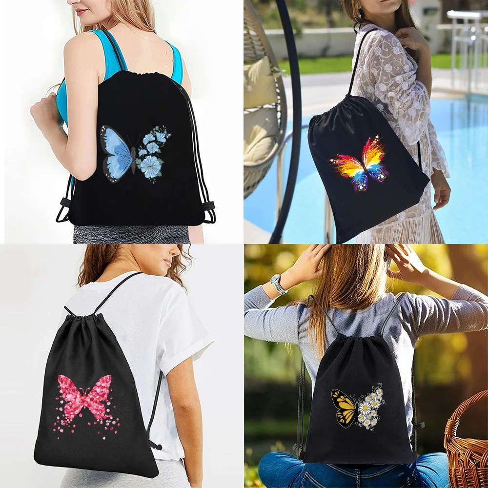 Shoulder Bags Backpack  Canvas Drawstring Daypack Casu Sports Bag Outdoor Shopping Organizer Men Butterfly Series Double Women