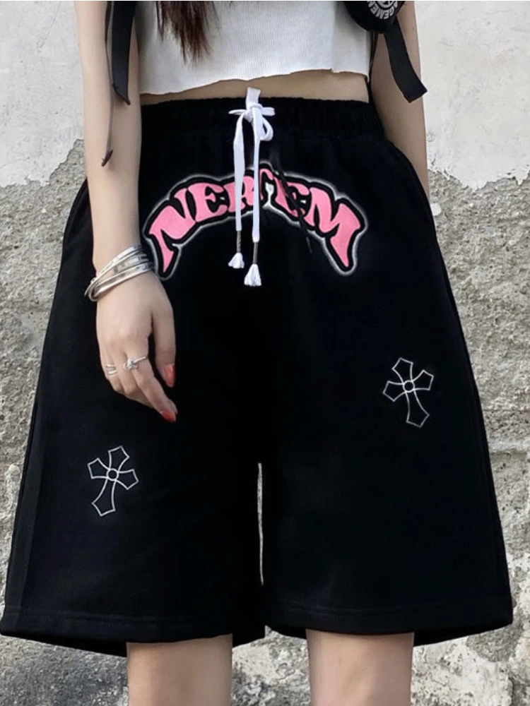 

Black Women's Track Shorts Summer 2022 Korean Loose High Waist Wide-leg Pants Casual Printed Knee Length Sweatpants Female