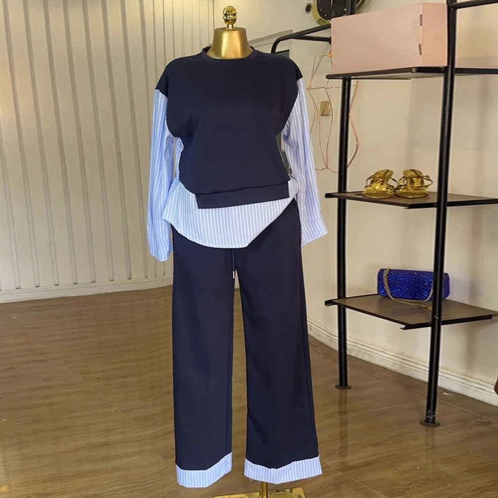 

Fashion Striped Patchwork Women's Sets Long Sleeve Sweatshirt Top and Wide Leg Pants Suits 2025 Fall Modest Two Piece Set Outfit
